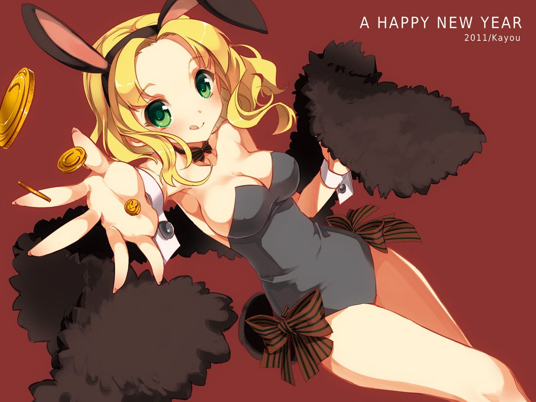 animal_ears, blonde_hair, breasts, bunny_ears, bunnygirl, cleavage, green_eyes, kayou_(artist)