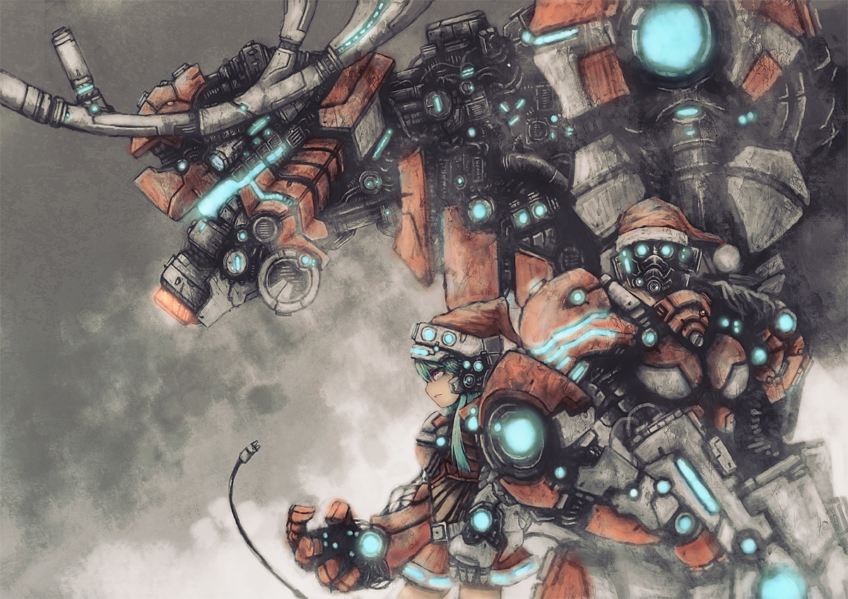 armor, blackball, christmas, green_hair, gun, hat, mecha, original