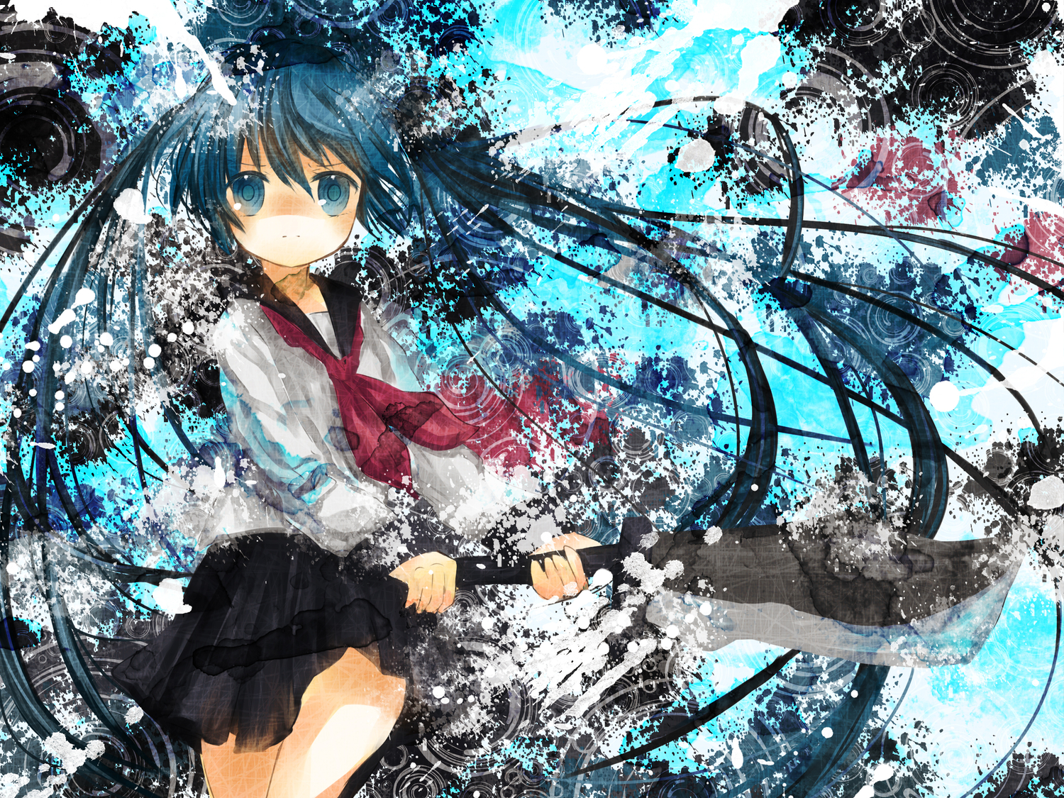 blue_eyes, blue_hair, hatsune_miku, hinanosuke, long_hair, school_uniform, sword, twintails