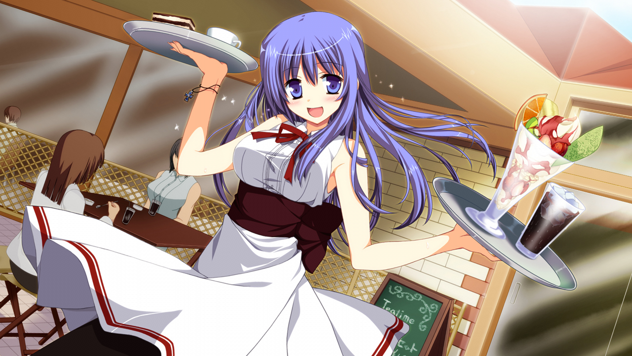 blue_eyes, blue_hair, fortissimo//akkord:bsusvier, game_cg, mizusaka_miki, ooba_kagerou, waitress