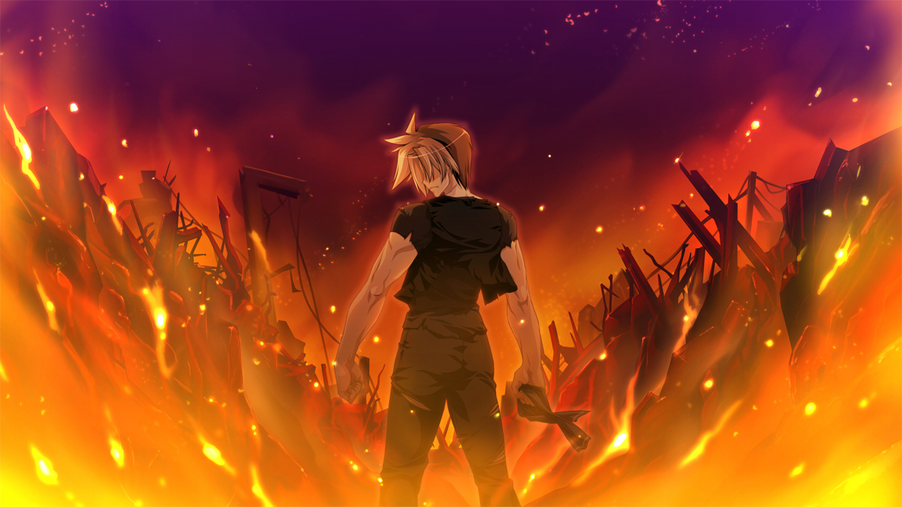 all_male, blonde_hair, fire, fortissimo//akkord:bsusvier, game_cg, male, ooba_kagerou, ruins, torn_clothes, yoshino_reiji