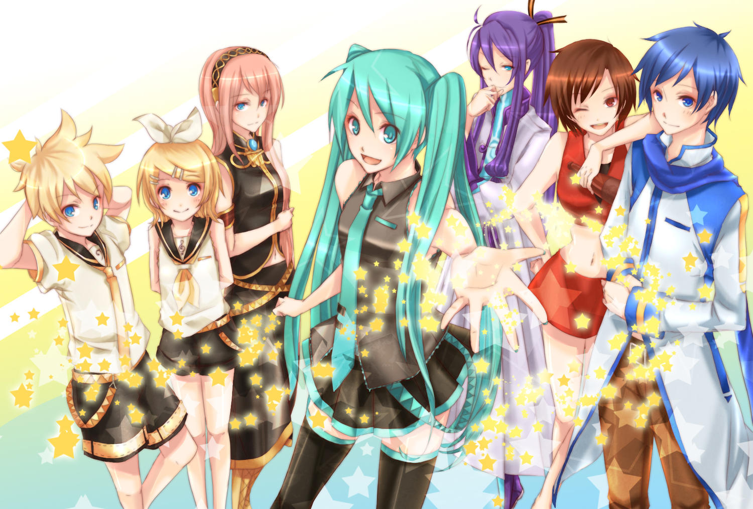 aqua_eyes, aqua_hair, blonde_hair, blue_eyes, blue_hair, brown_hair, bya, drink, group, hatsune_miku, kagamine_len, kagamine_rin, kaito, kamui_gakupo, long_hair, male, megurine_luka, meiko, navel, pink_hair, purple_hair, red_eyes, short_hair, shorts, skirt, thighhighs, tie, twintails, vocaloid, wink