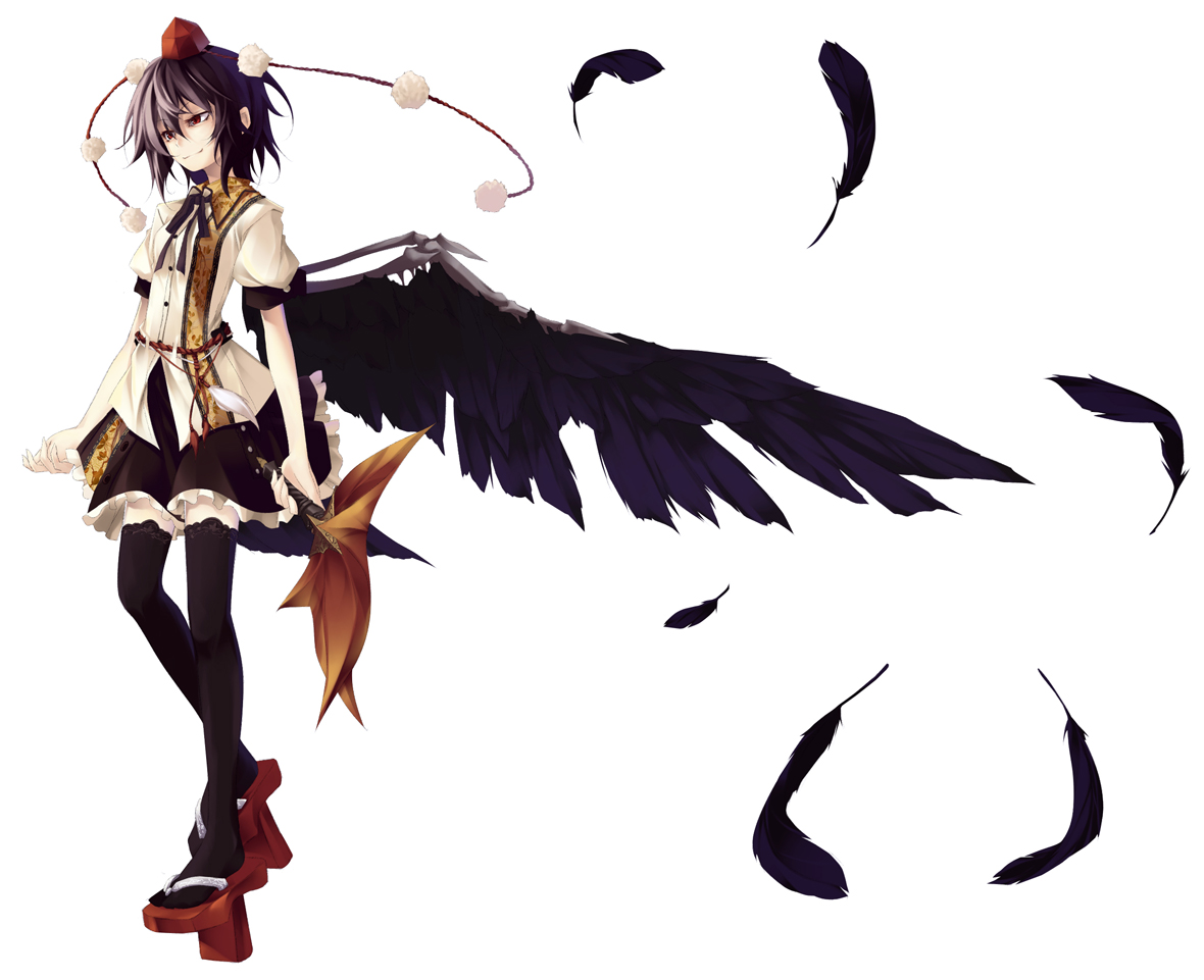 black_hair, fan, feathers, hat, matsuyama_nozomu, red_eyes, shameimaru_aya, short_hair, thighhighs, touhou, white, wings