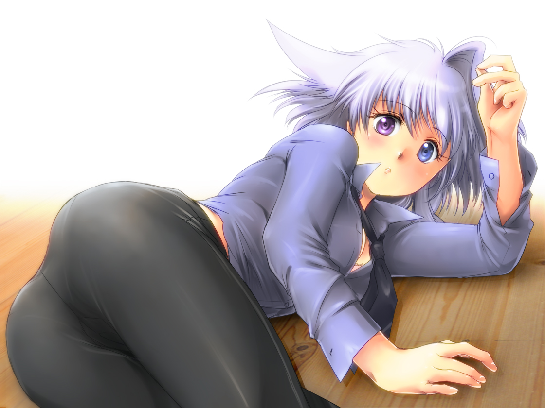 animal_ears, ass, bicolored_eyes, blue_hair, blush, breasts, cleavage, original