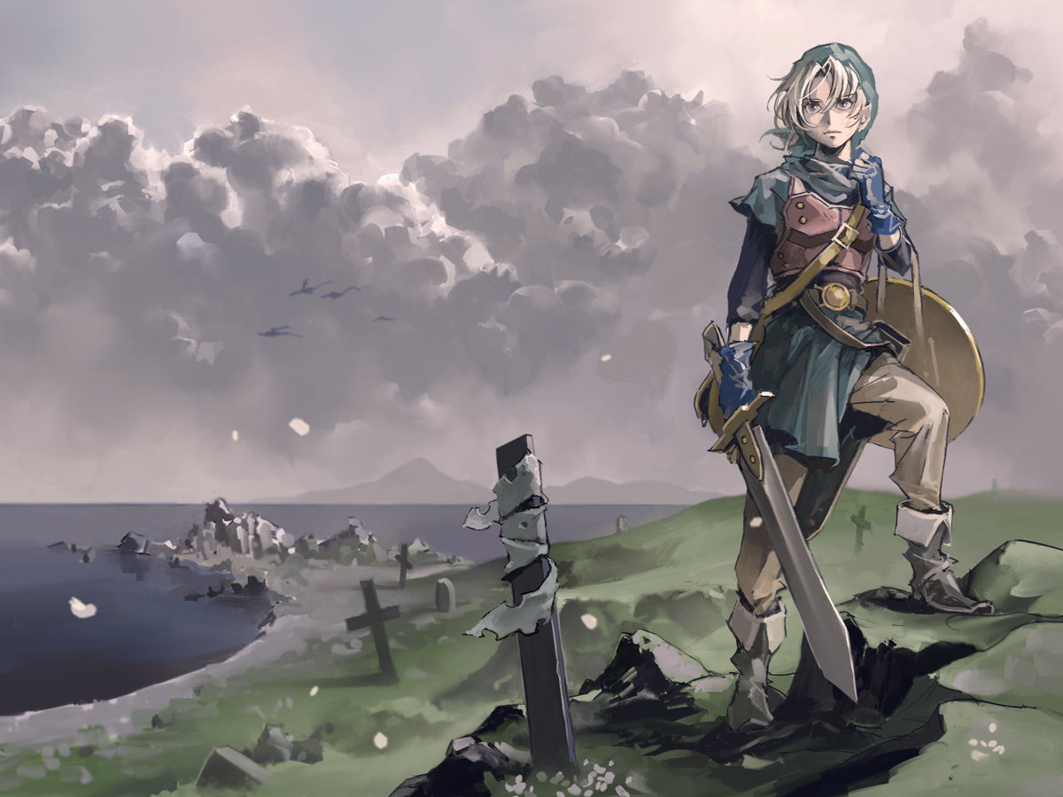 all_male, armor, blonde_hair, boots, cross, dragon_quest, gloves, hat