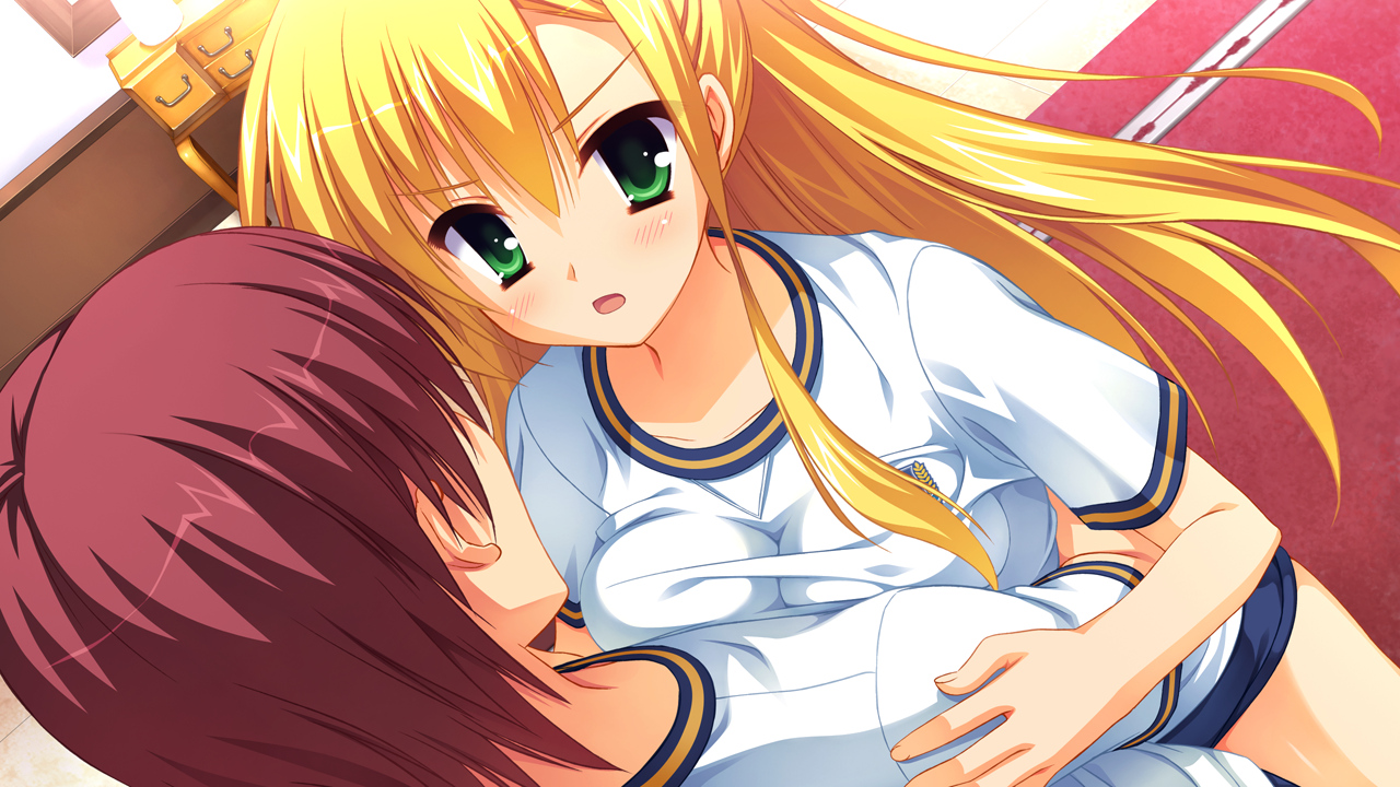 blonde_hair, blush, fujishima_takumi, game_cg, green_eyes, gym_uniform, kanemoto_akari, kobuichi