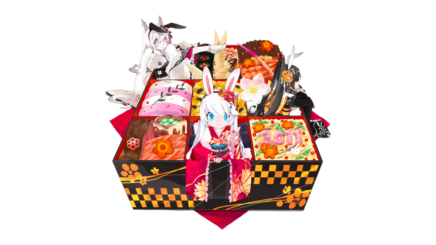 animal_ears, black_eyes, black_hair, blue_eyes, flowers, food, gray_eyes, group