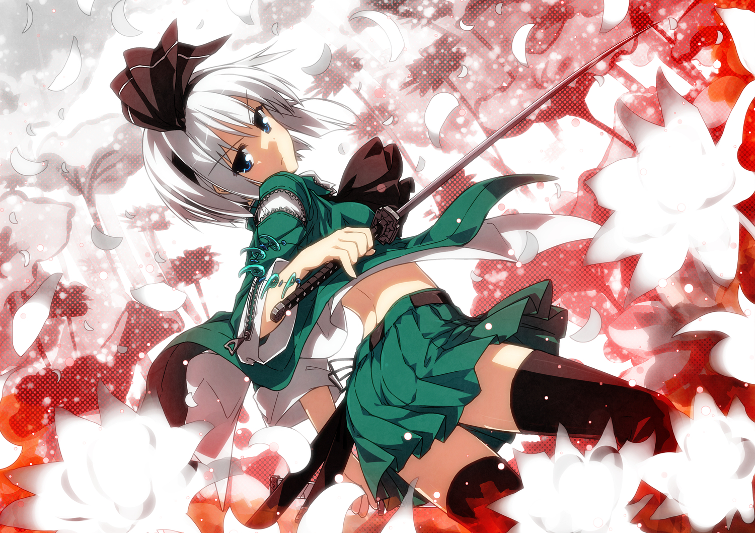 blue_eyes, flowers, headband, katana, konpaku_youmu, petals, sazanami_mio, short_hair