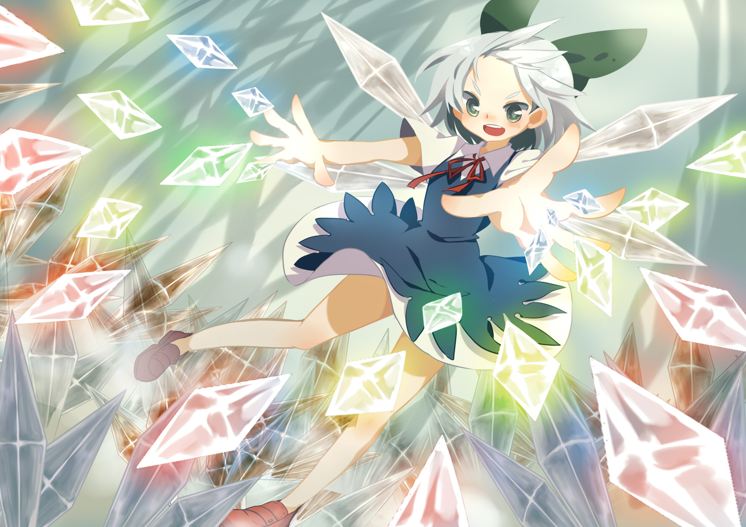 bow, cirno, dress, fairy, green_eyes, kodamari, short_hair, touhou, white_hair, wings