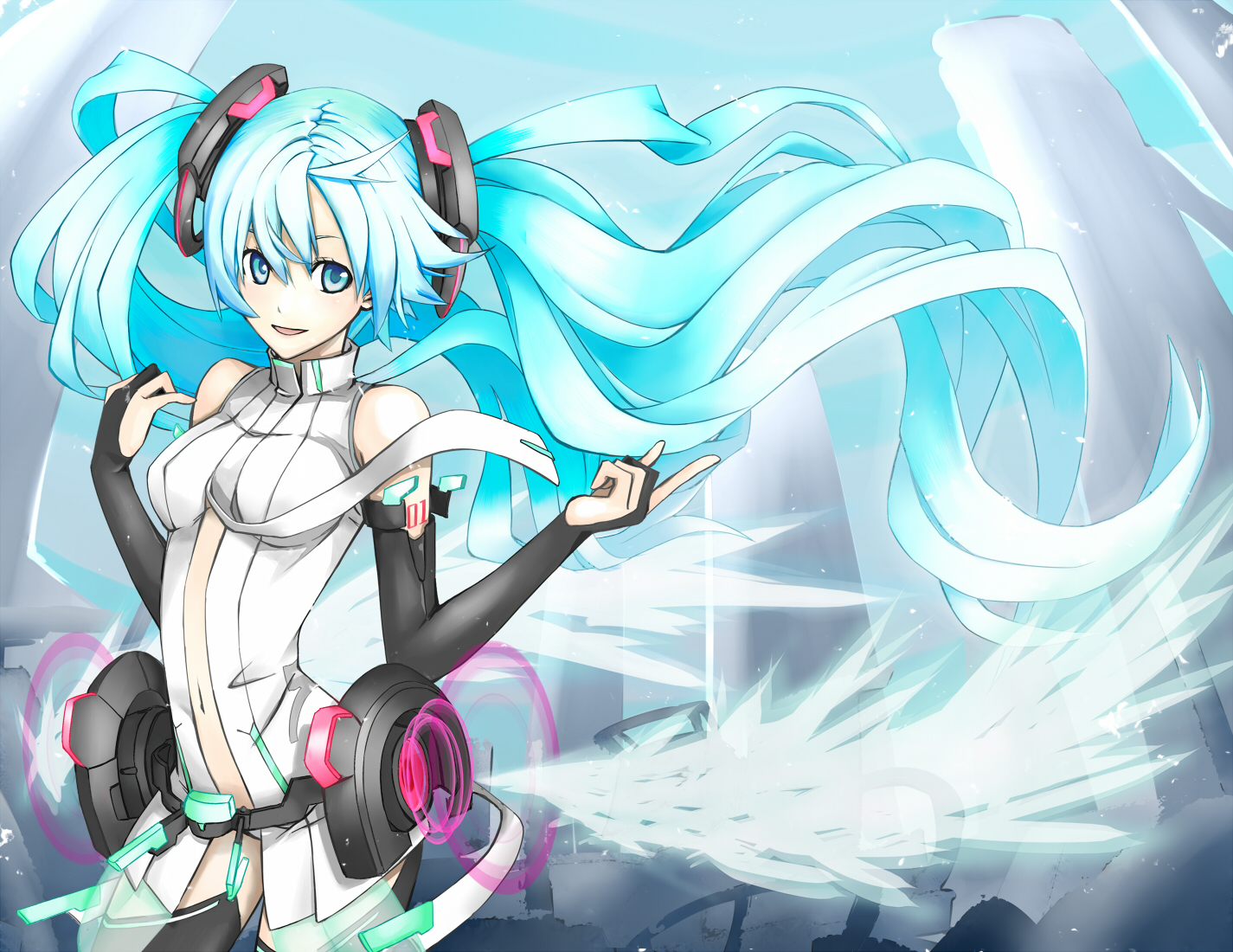 aqua_eyes, aqua_hair, hatsune_miku, headphones, miku_append, thighhighs, toromera, twintails