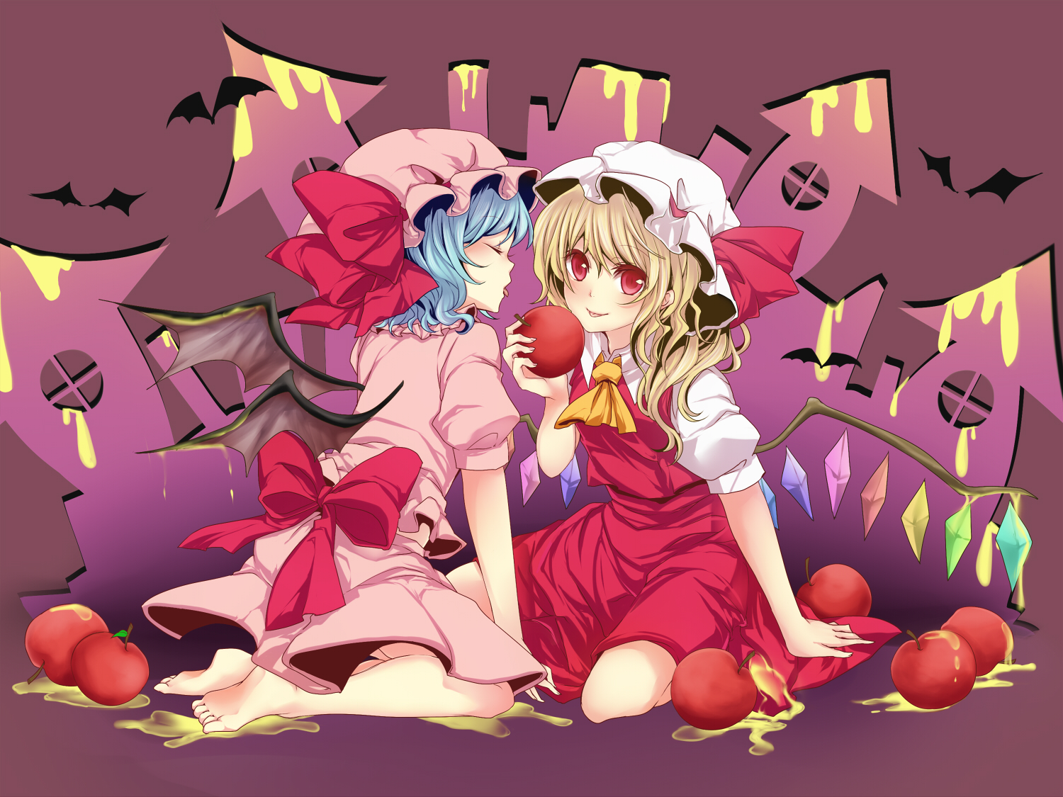 2girls, animal, apple, barefoot, bat, flandre_scarlet, food, fruit, remilia_scarlet, rimu_(rim573), touhou, vampire, wings