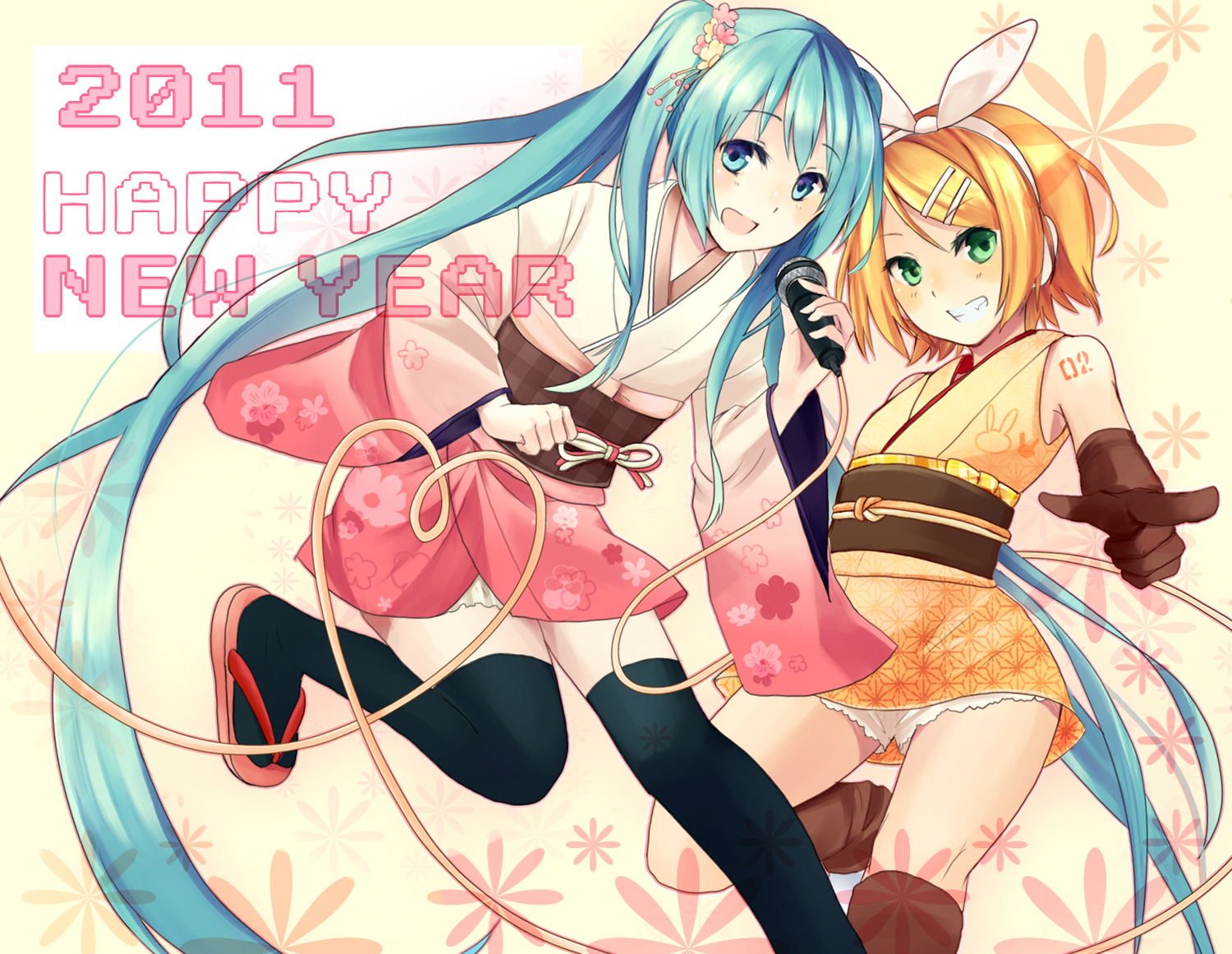 aqua_eyes, aqua_hair, blonde_hair, green_eyes, hatsune_miku, japanese_clothes, kagamine_rin, microphone, thighhighs, twintails, vocaloid, wadaka