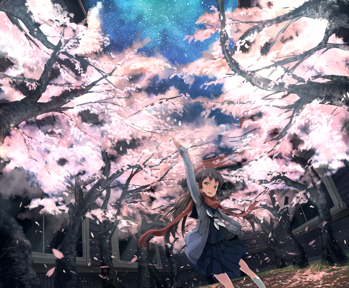 brown_eyes, brown_hair, cherry_blossoms, flowers, kneehighs, long_hair, original, petals, sadamatsu_ryuuichi, scarf, school_uniform, sky, stars