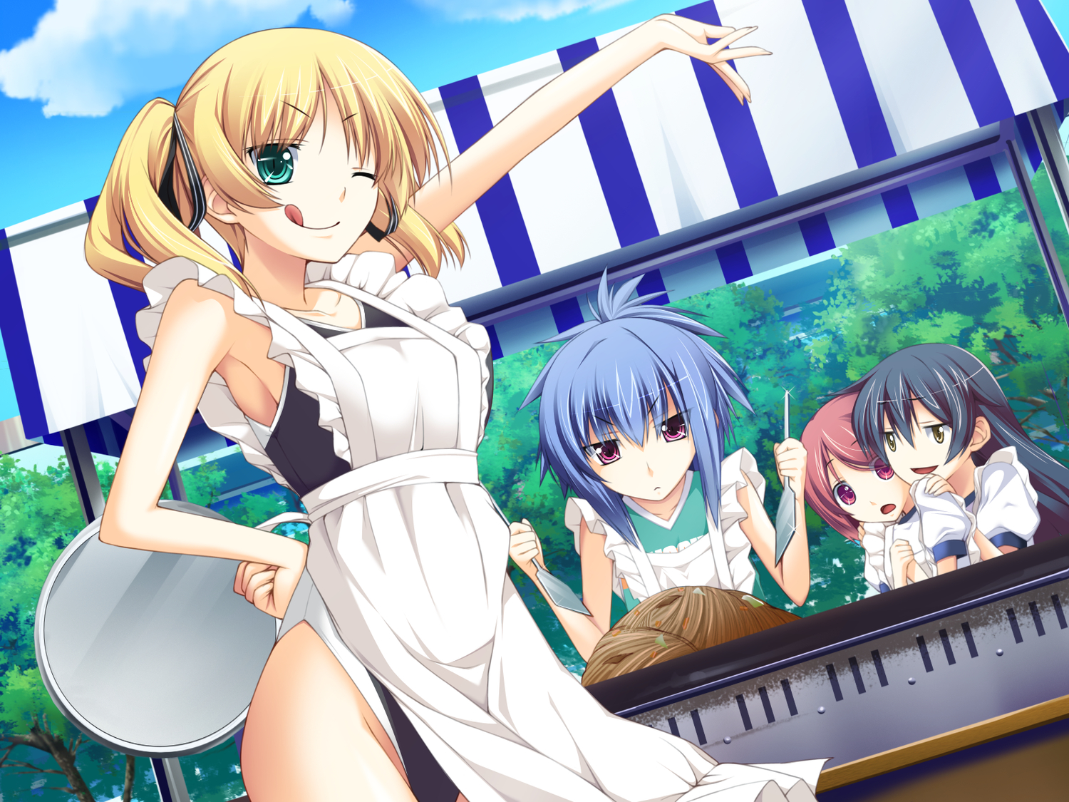 all-time, apron, blonde_hair, blue_hair, food, futsu_janai, game_cg, green_eyes, natsukawa_akane, pink_eyes, suzuhara_hitomi