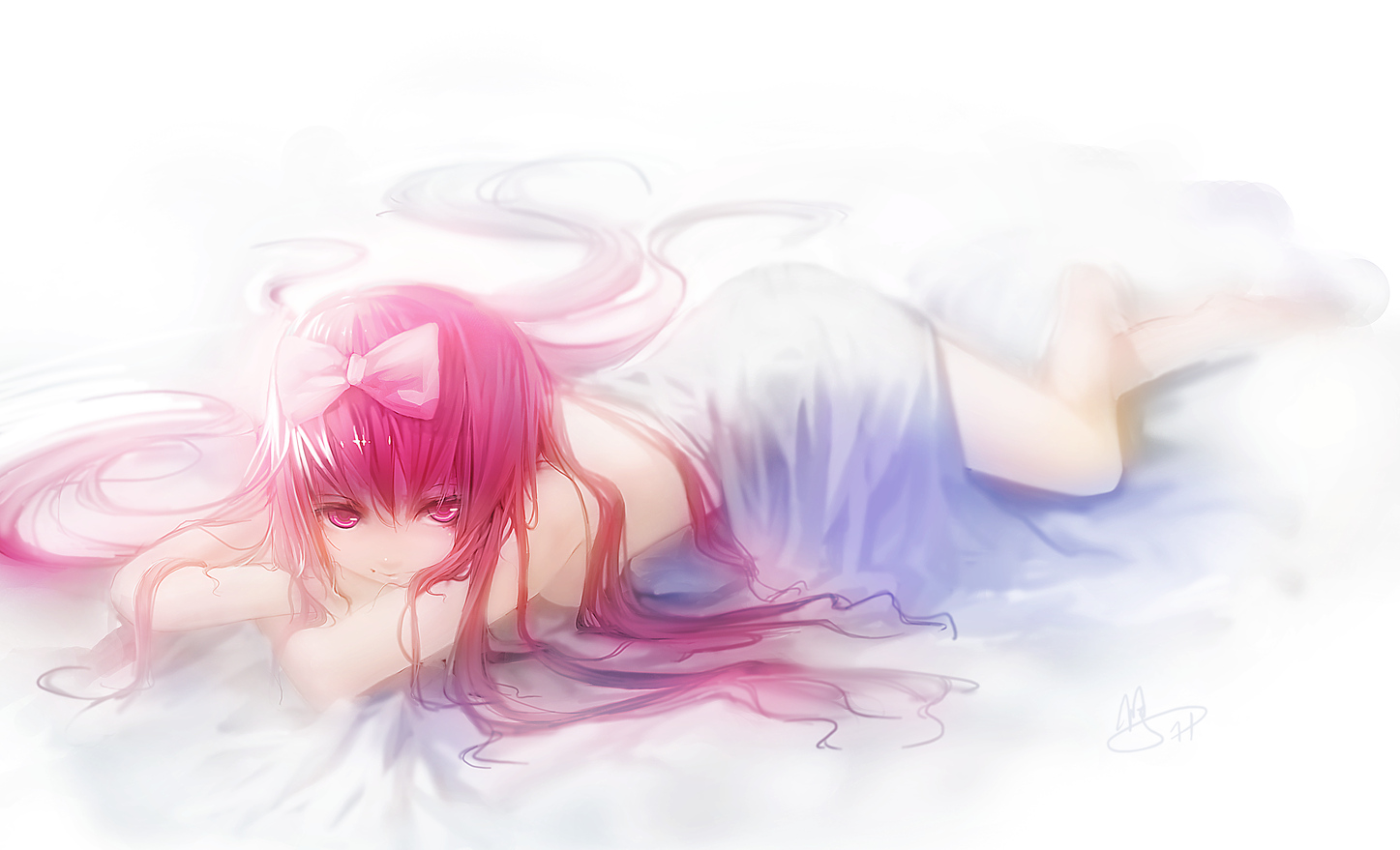 bow, long_hair, pink_eyes, pink_hair, urami, vocaloid