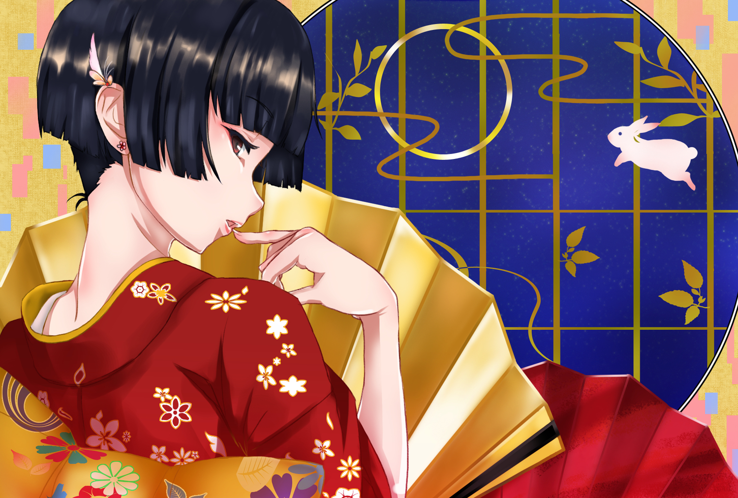 bunny, fan, japanese_clothes, kimono, minazuki_isami, original