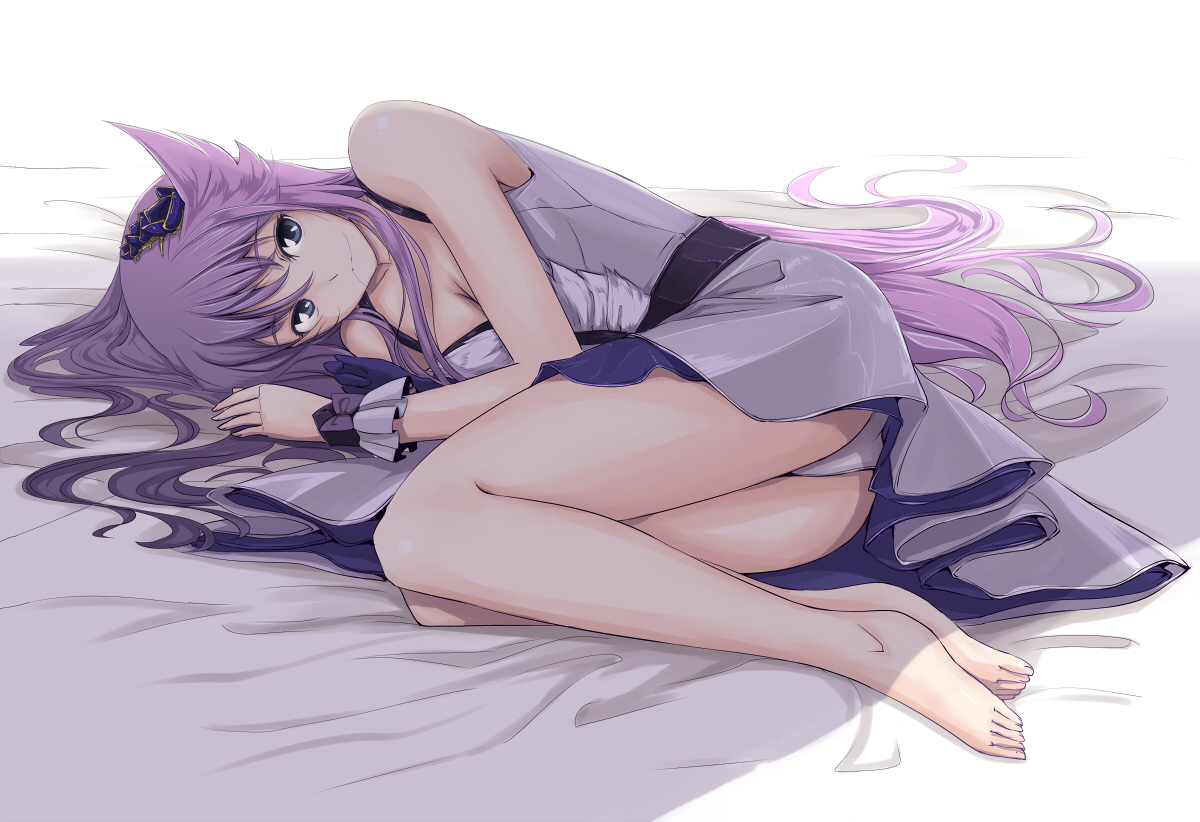 barefoot, blue_eyes, breasts, cleavage, gustav_(telomere_na), heartcatch_precure!, long_hair, panties, precure, purple_hair, tsukikage_yuri, underwear