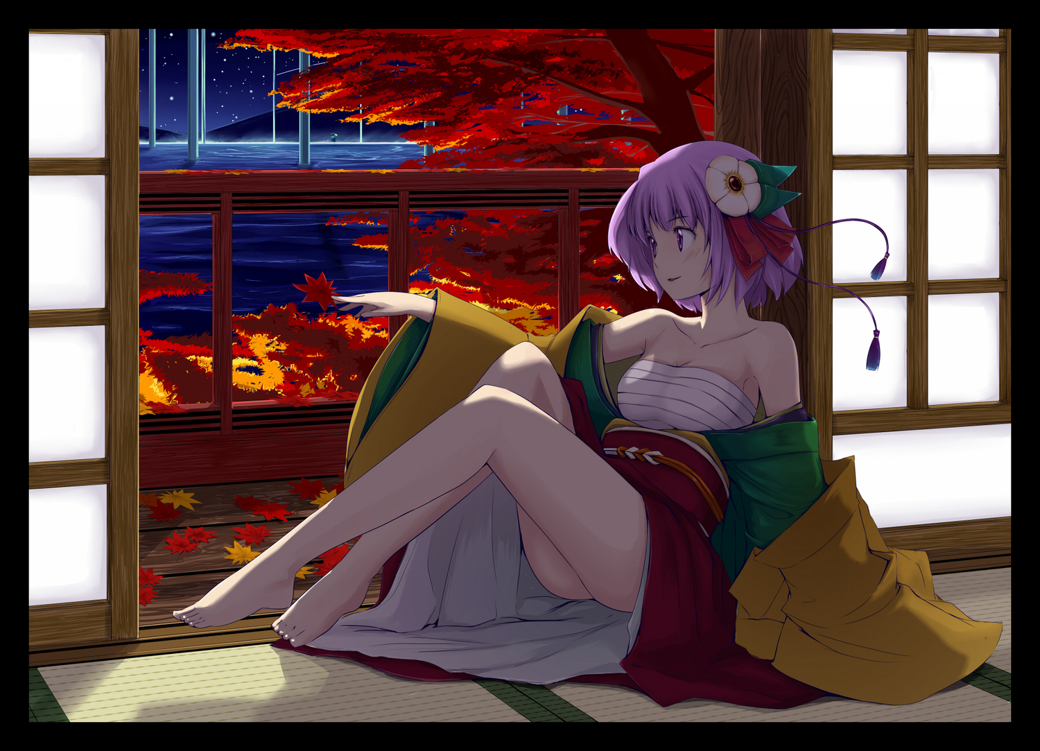 barefoot, flowers, gustav_(telomere_na), hieda_no_akyuu, japanese_clothes, kimono, kochiya_sanae, purple_eyes