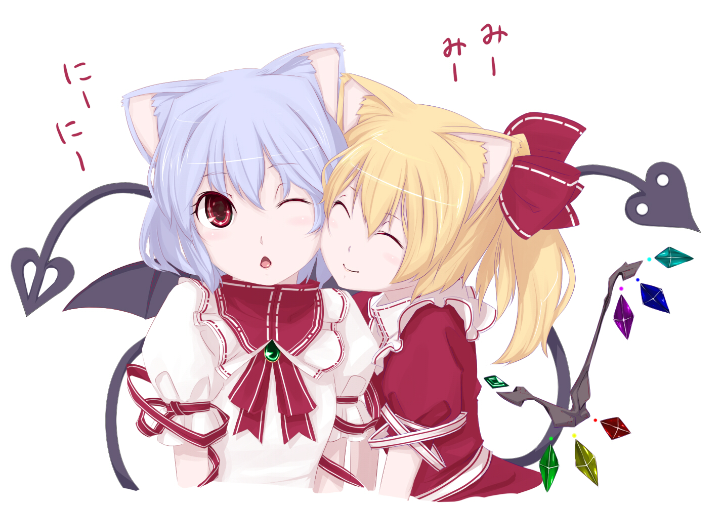 2girls, animal_ears, blonde_hair, blue_hair, flandre_scarlet, gustav_(telomere_na), red_eyes, remilia_scarlet