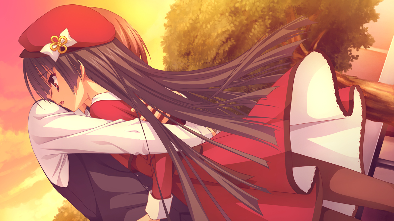 black_hair, dress, fujishima_takumi, game_cg, hat, hug, kobuichi, long_hair