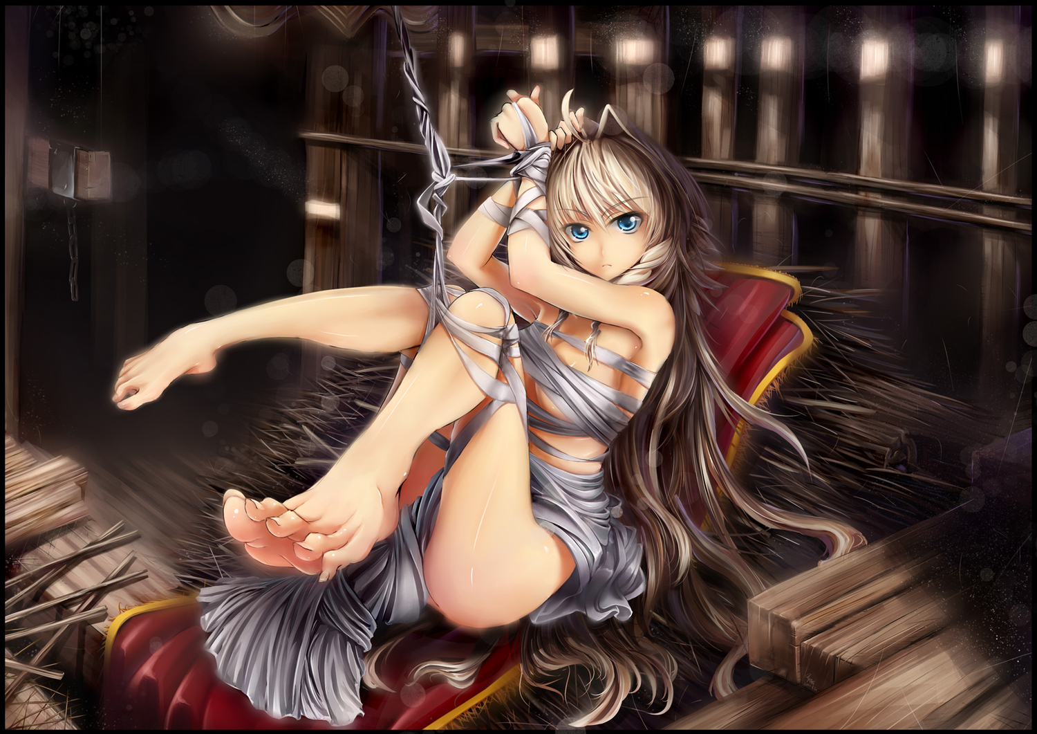 barefoot, blue_eyes, bondage, glycyrrhizae, long_hair, original, tagme
