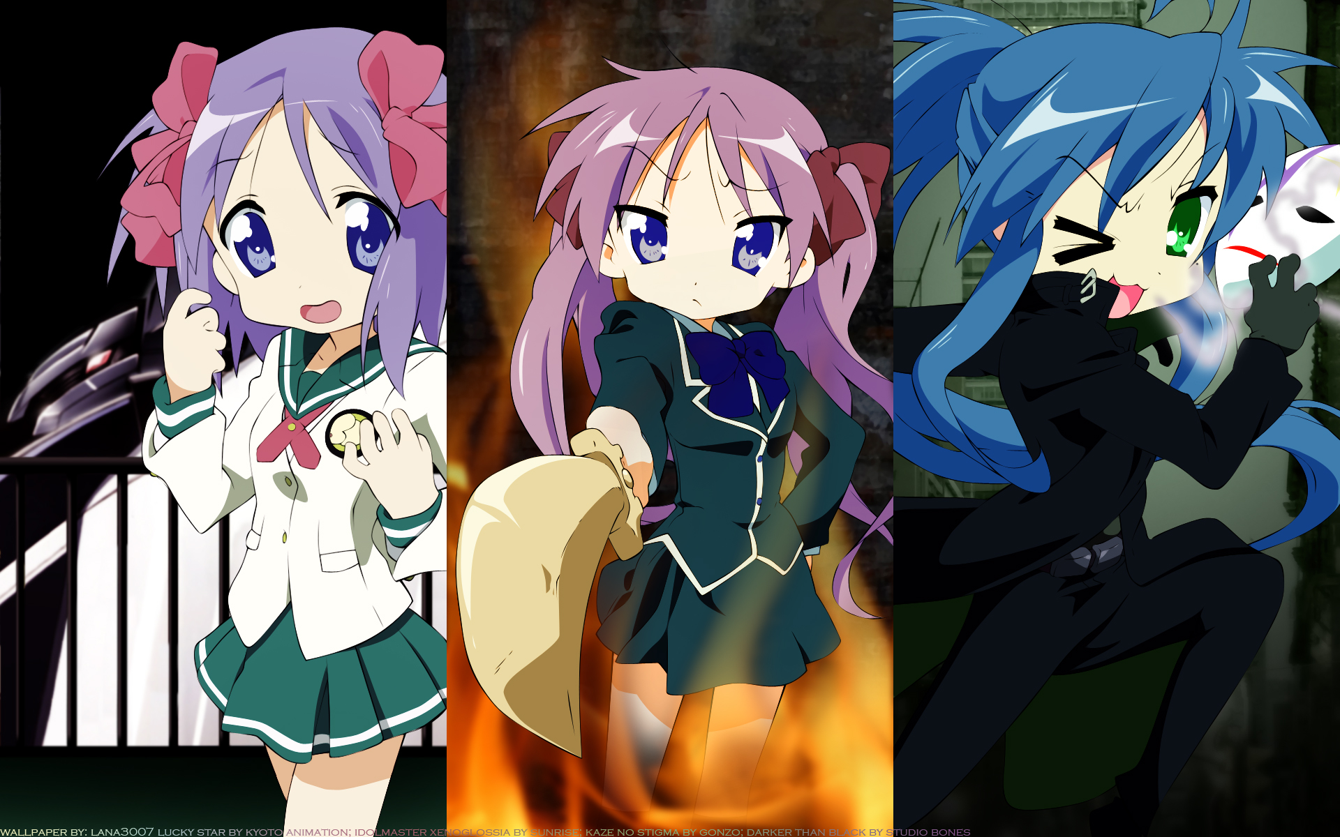 blue_eyes, cosplay, darker_than_black, hiiragi_kagami, hiiragi_tsukasa, idolmaster, idolmaster_xenoglossia, izumi_konata, kaze_no_stigma, lucky_star, parody, school_uniform, sword, weapon