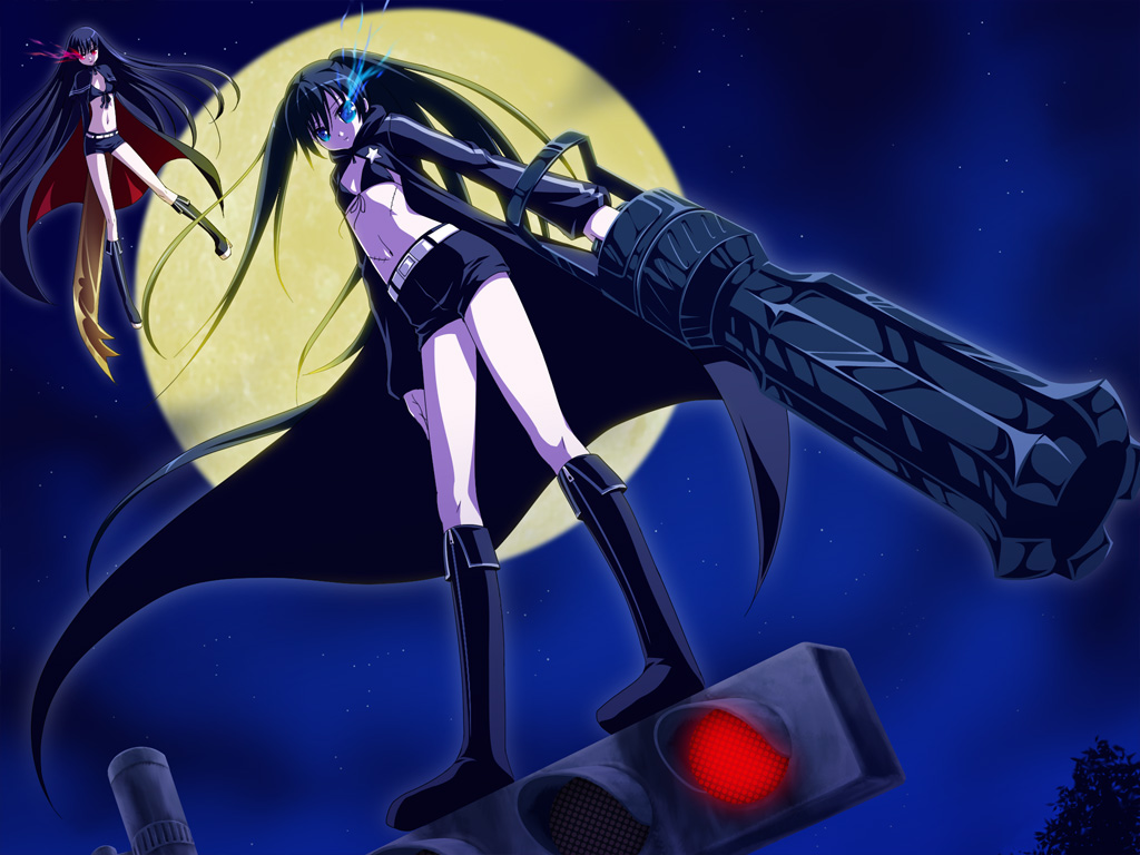 bikini_top, black_hair, black_rock_shooter, cape, irino_saya, kuroi_mato, moon, night