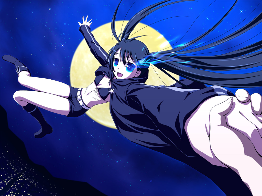bikini_top, black_rock_shooter, kuroi_mato, moon, night, scar, sky, twintails