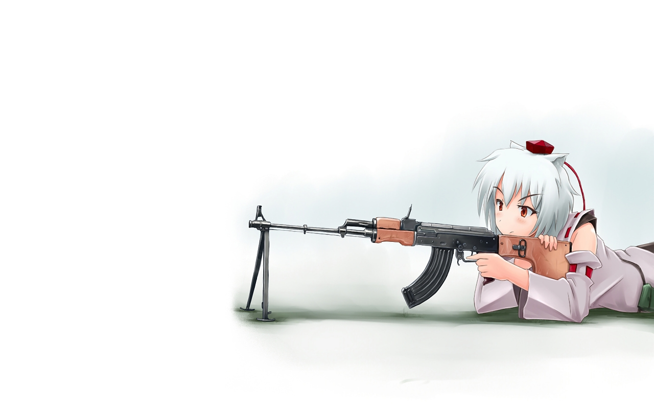 animal_ears, gun, hat, inubashiri_momiji, kcme, red_eyes, short_hair, touhou, weapon, white_hair, wolfgirl