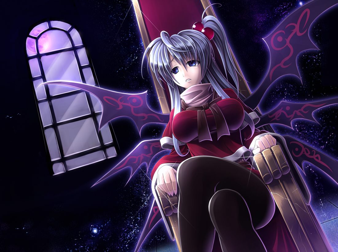 blue_eyes, blue_hair, long_hair, moon, night, pantyhose, shinki, touhou, tubane, wings