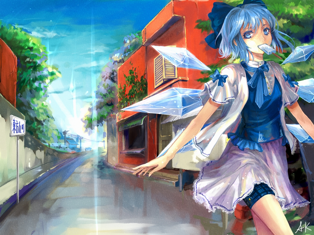 blue_eyes, blue_hair, bow, cirno, fairy, popsicle, short_hair, sky, touhou, tree, wings, xiezhua_(amyoy)