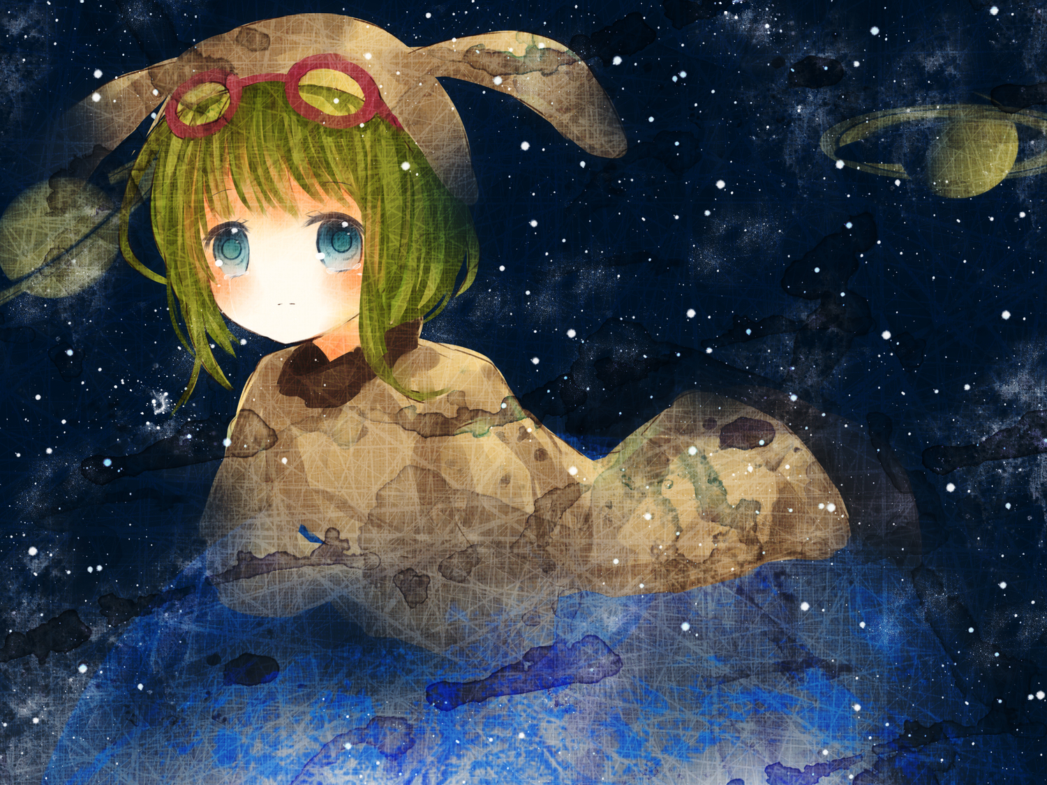campanella_(vocaloid), glasses, green_hair, gumi, hat, hinanosuke, space, vocaloid