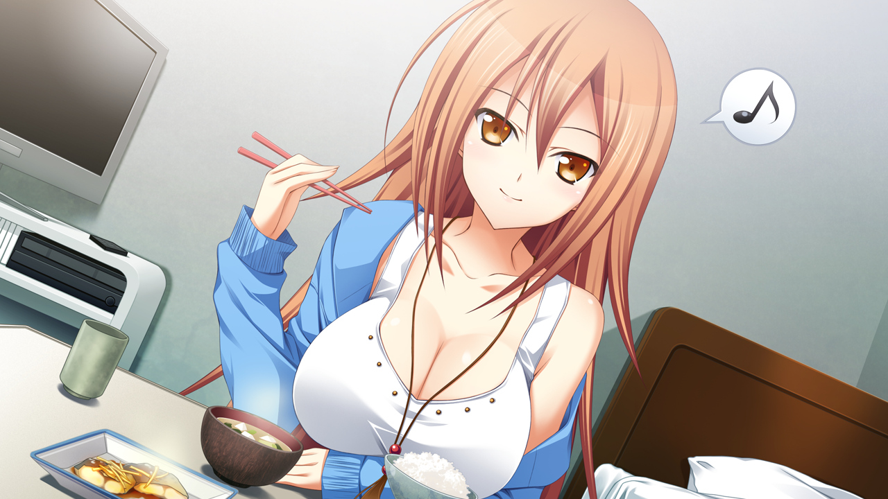 breasts, brown_eyes, brown_hair, cleavage, food, game_cg, music, orange_memories, purple_software, sasakura_miharu