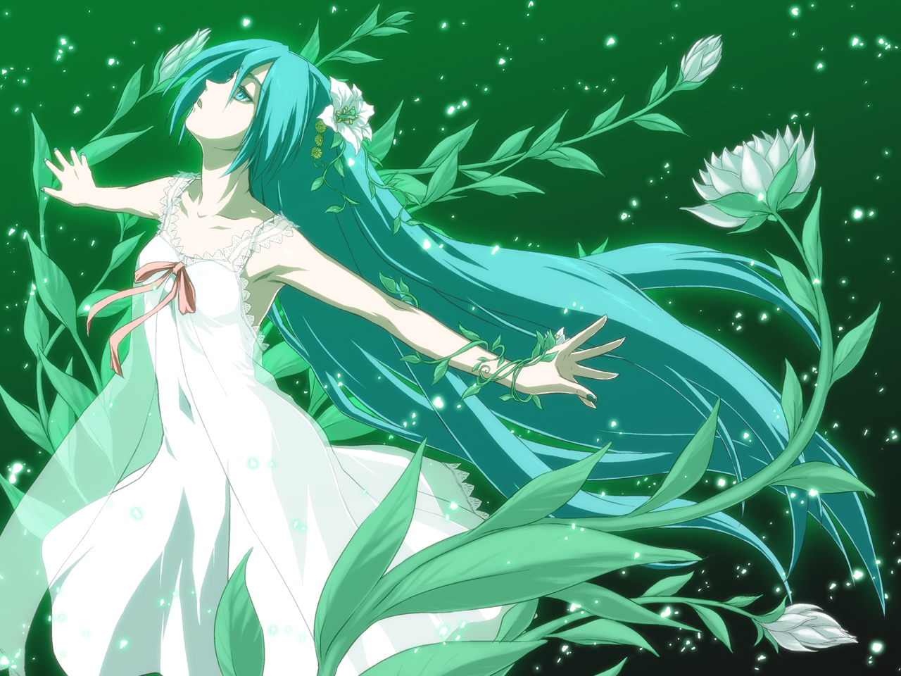 aqua_eyes, aqua_hair, dress, flowers, hatsune_miku, iga_tomoteru, long_hair, saya_no_uta