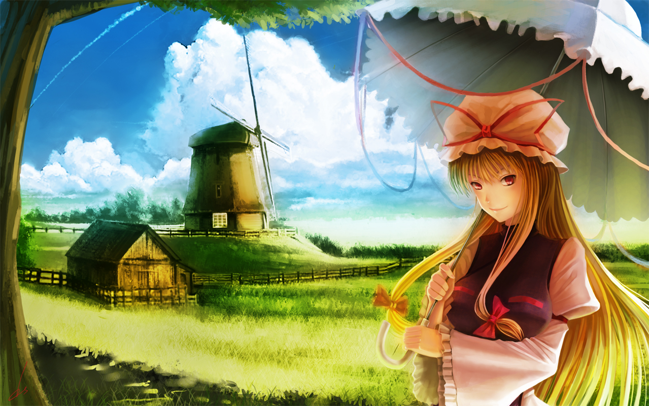 blonde_hair, bow, clouds, dopollsogno, grass, hat, long_hair, red_eyes