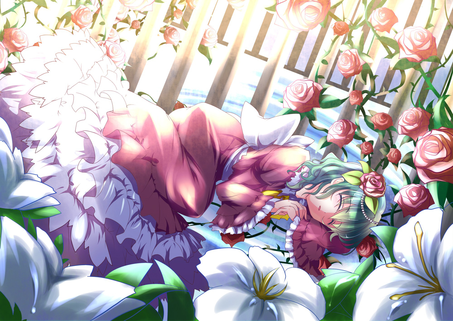 bow, flowers, fuepo, green_hair, kazami_yuuka, short_hair, sleeping, touhou