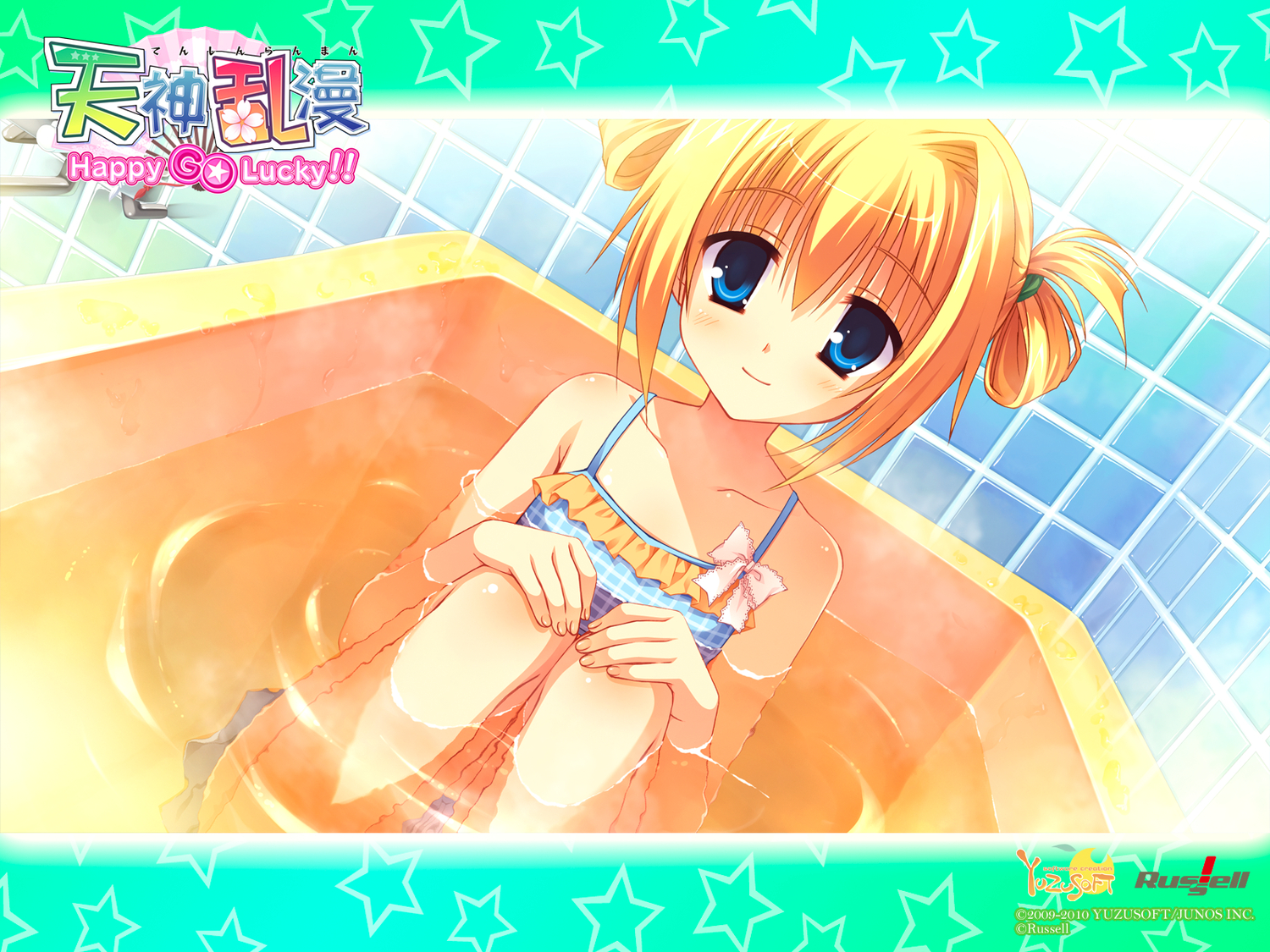 bath, blonde_hair, blue_eyes, chitose_sana, kobuichi, logo, muririn, swimsuit