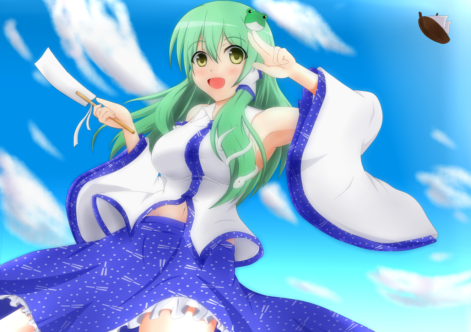 boat, clouds, green_hair, japanese_clothes, kochiya_hizuki, kochiya_sanae, long_hair, miko