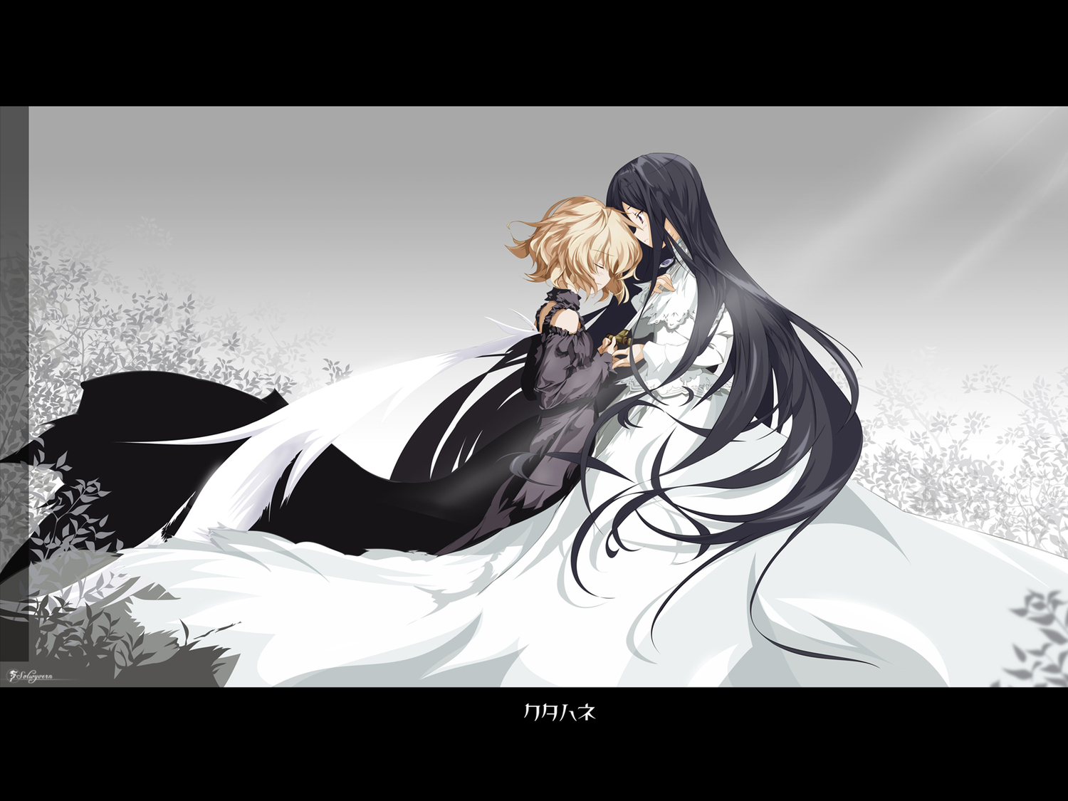 black_hair, blonde_hair, dress, katahane, long_hair, short_hair