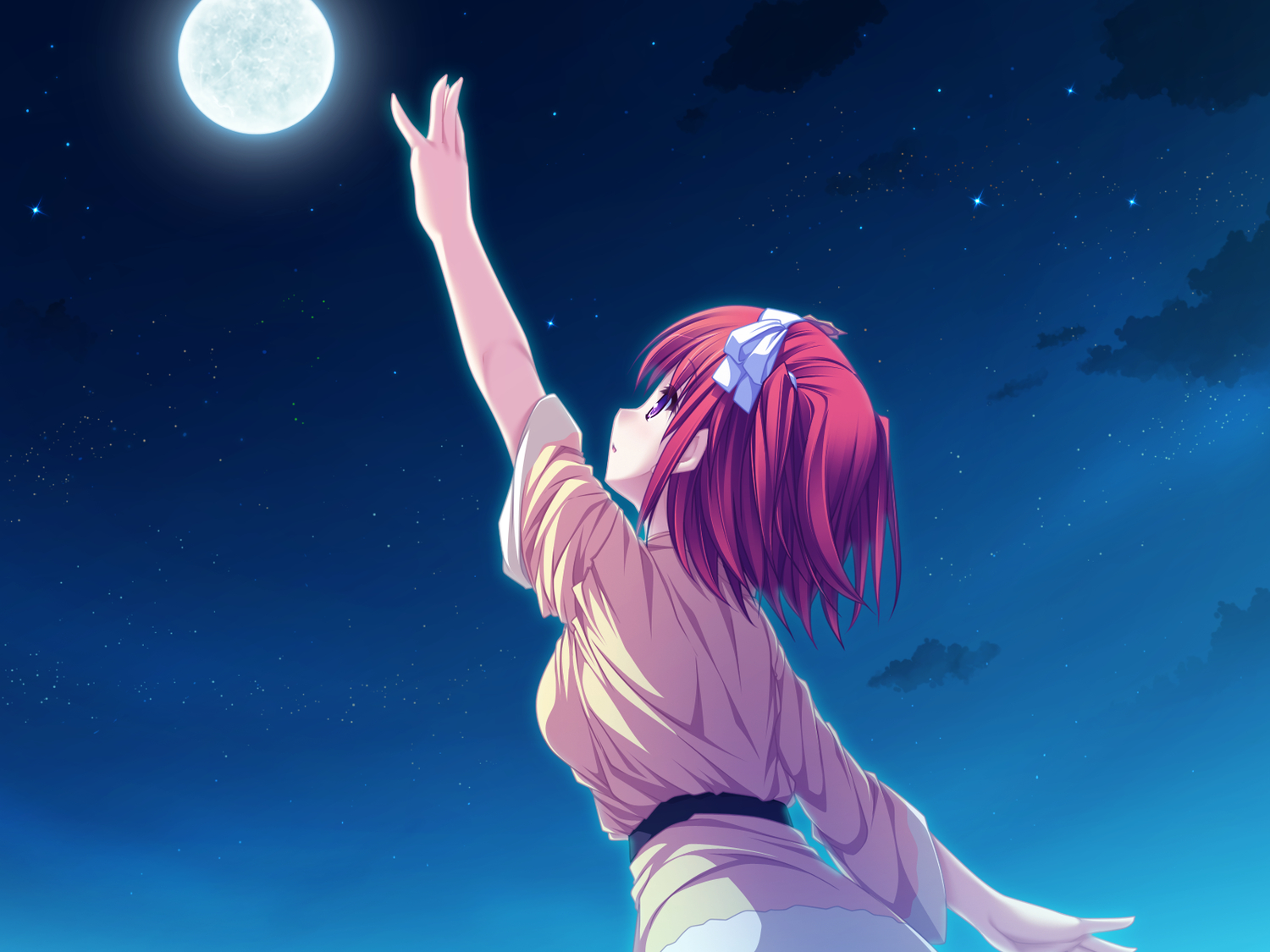 game_cg, moon, night, purple_eyes, red_hair, ribbons, short_hair, stars