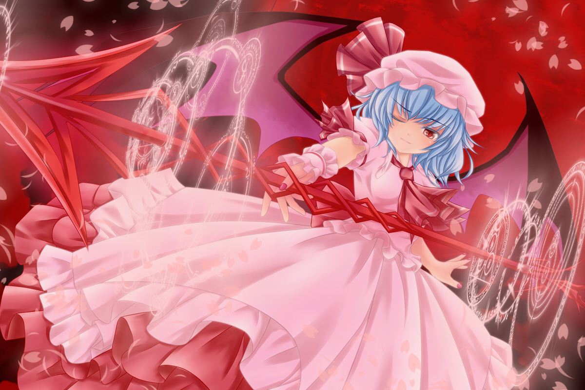blue_hair, dress, hat, magic, nekokotei, petals, red_eyes, remilia_scarlet