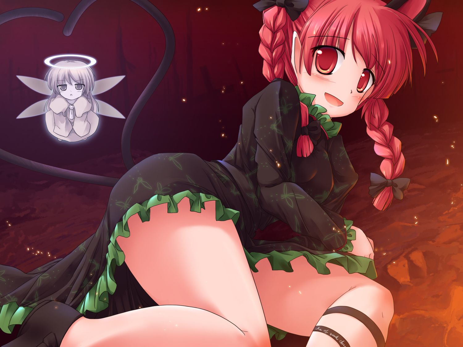 animal_ears, catgirl, dress, kaenbyou_rin, lzh, multiple_tails, pointed_ears, red_eyes