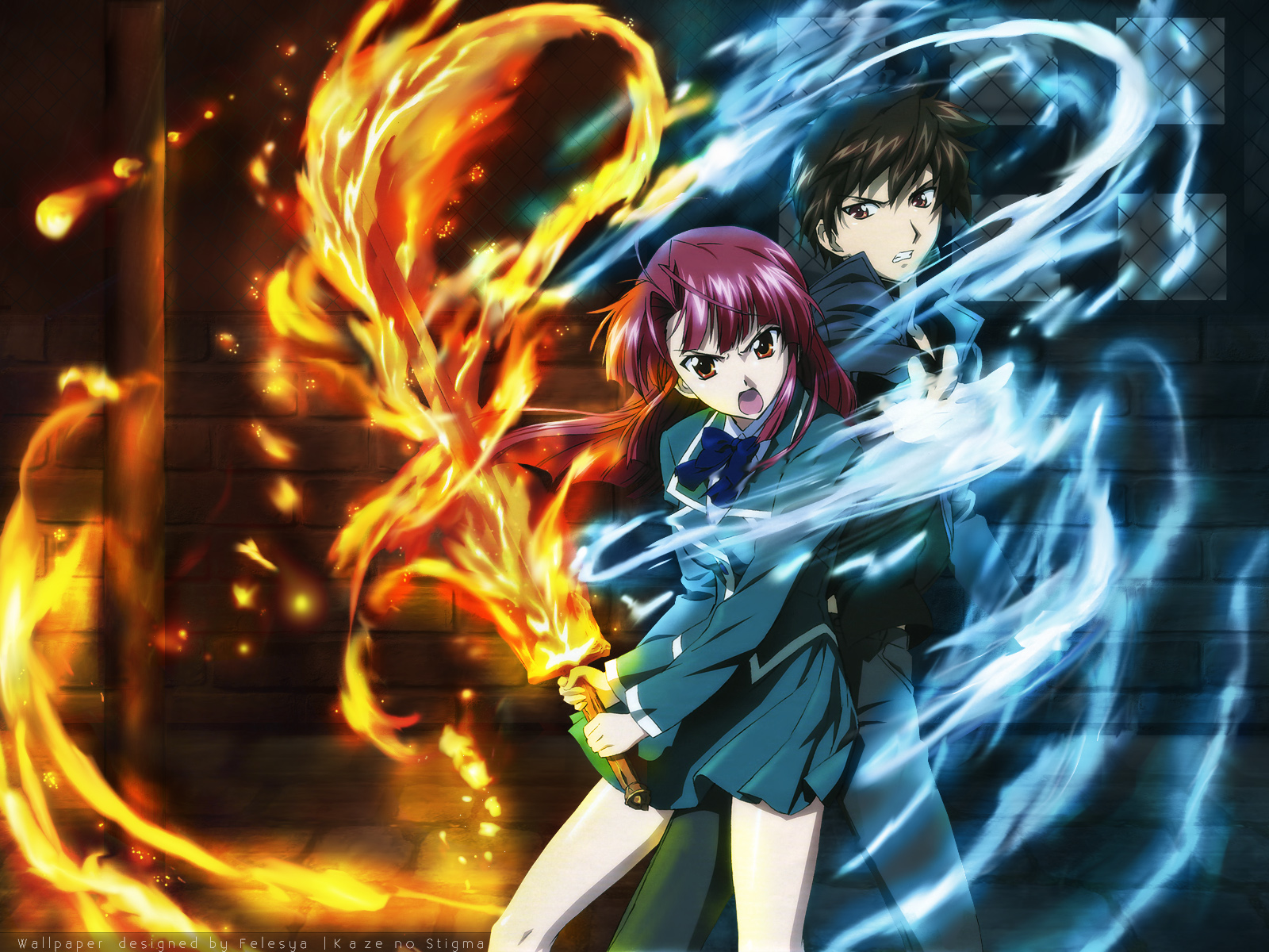 brown_eyes, fire, kannagi_ayano, kaze_no_stigma, school_uniform, yagami_kazuma