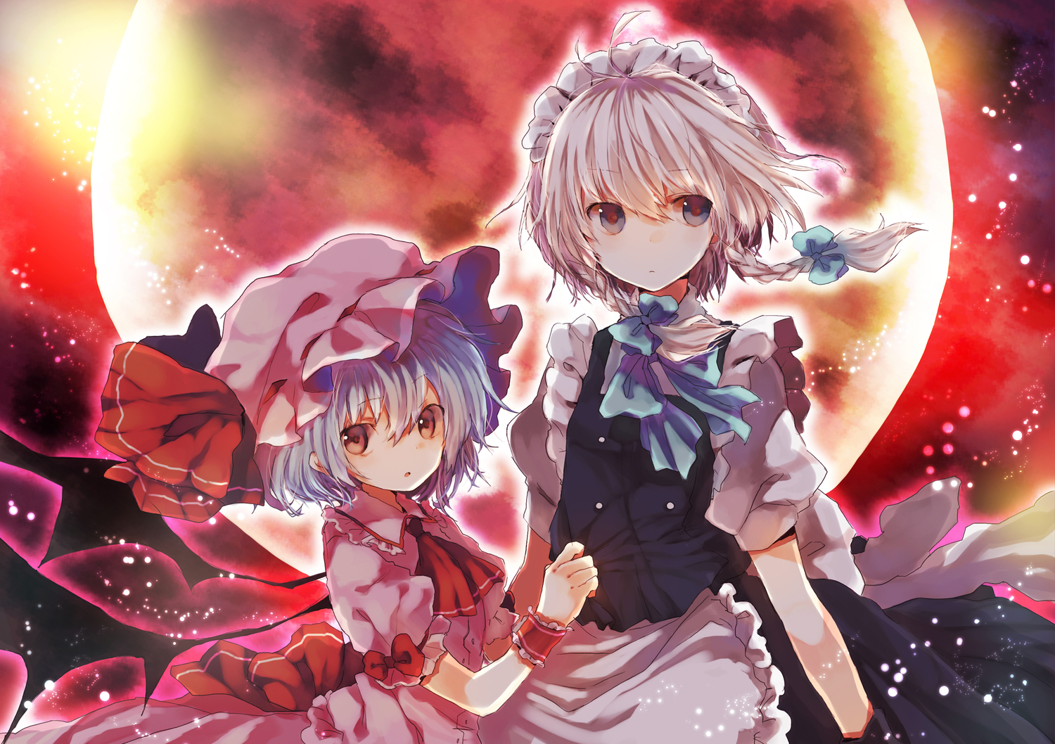 2girls, braids, dress, hat, izayoi_sakuya, maid, miya_(tsumazukanai), moon, remilia_scarlet, touhou, vampire