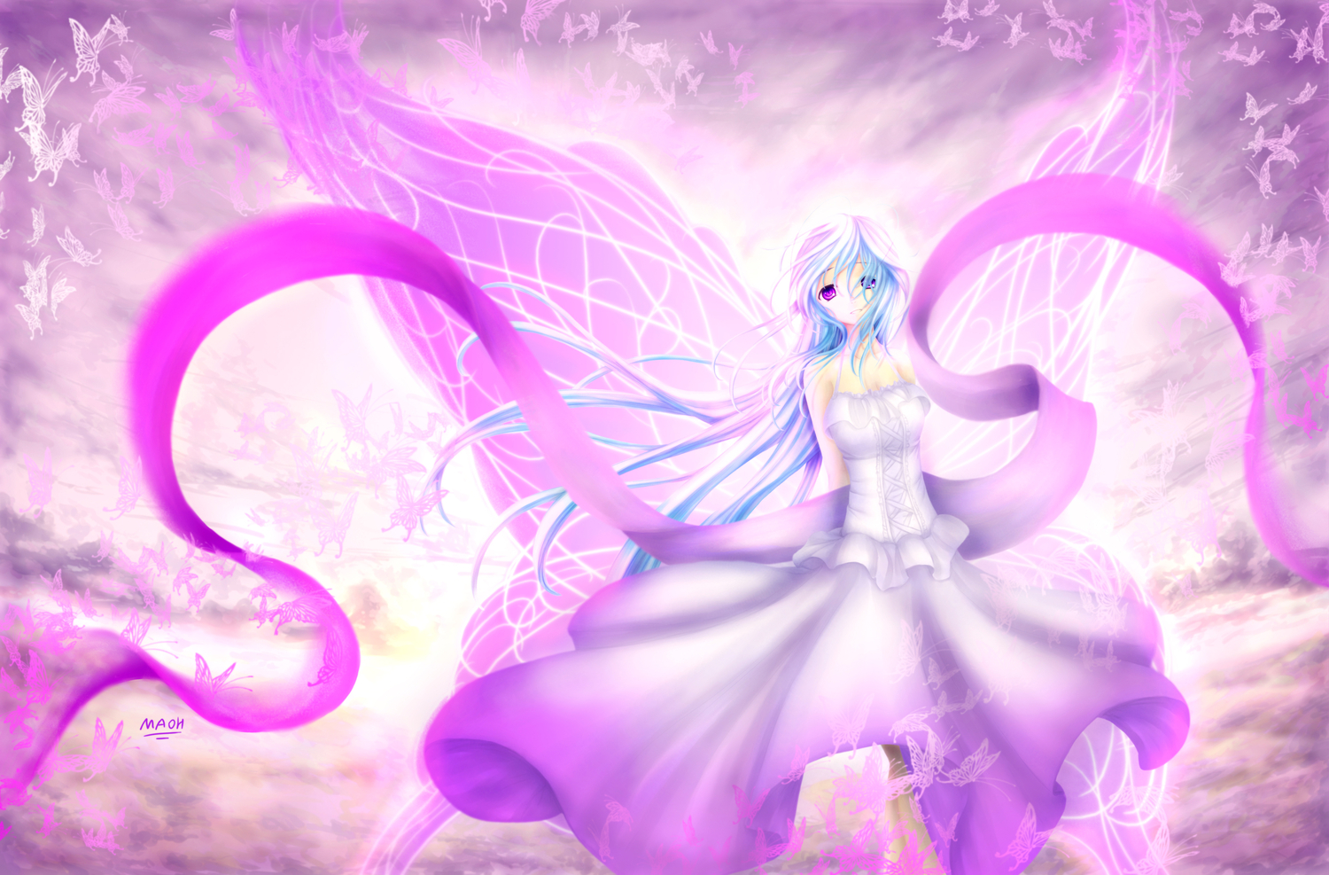 blue_hair, butterfly, dress, original, purple_eyes, ulquiorra0, wings