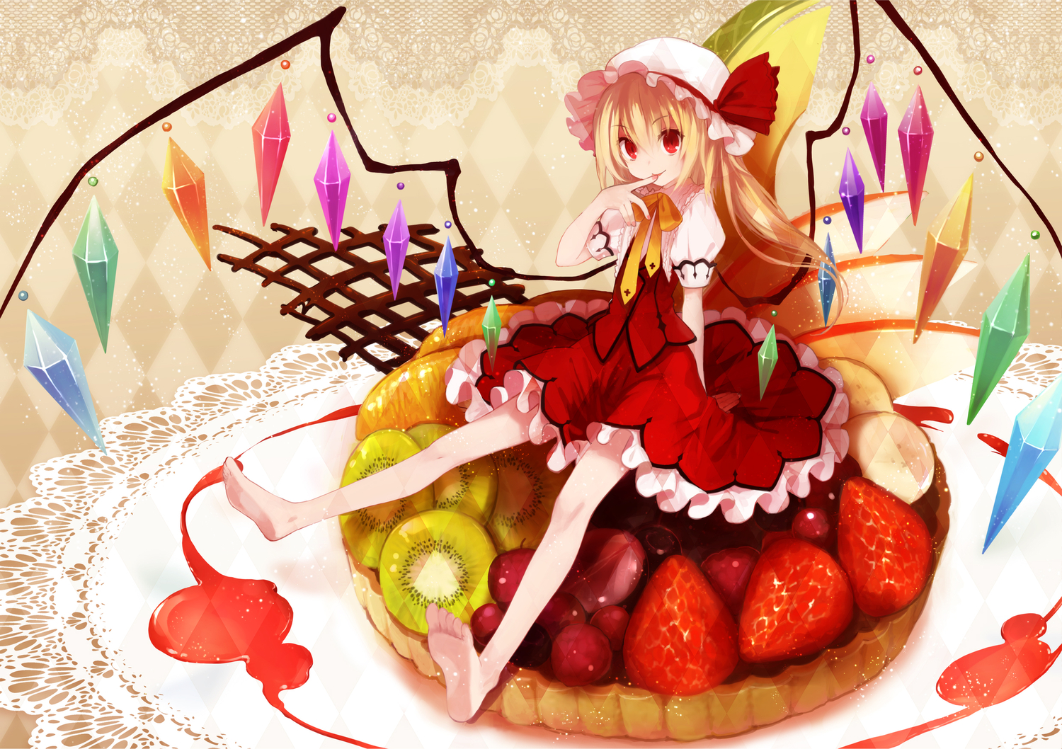 barefoot, blonde_hair, dress, flandre_scarlet, food, fruit, koto_(colorcube), red_eyes