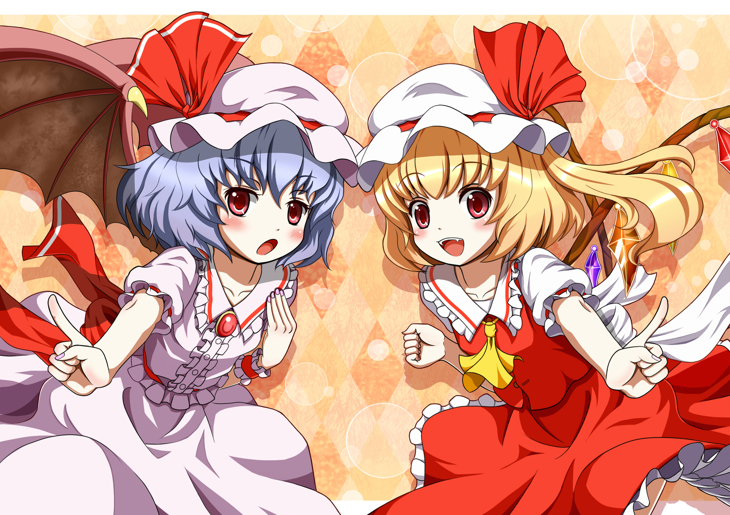 2girls, fang, flandre_scarlet, hat, mount_whip, remilia_scarlet, touhou, vampire, wings
