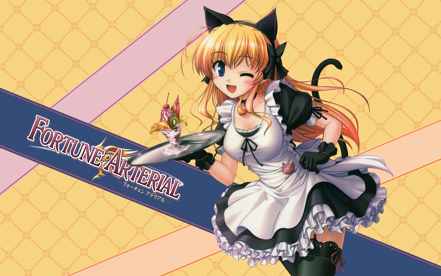 animal_ears, bekkankou, bell, blonde_hair, blue_eyes, bow, breasts, catgirl, choker, cleavage, dress, food, fortune_arterial, gloves, maid, ribbons, sendo_erika, stockings, tail, thighhighs, wink