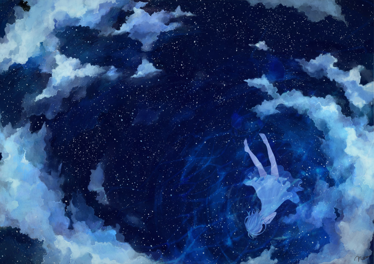 barefoot, clouds, dress, gabaisuito-n, original, short_hair, sky, summer_dress