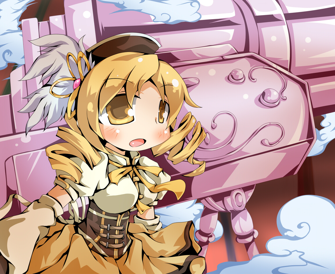 blonde_hair, blush, caraduki, gun, hat, mahou_shoujo_madoka_magica, tomoe_mami, weapon, yellow_eyes